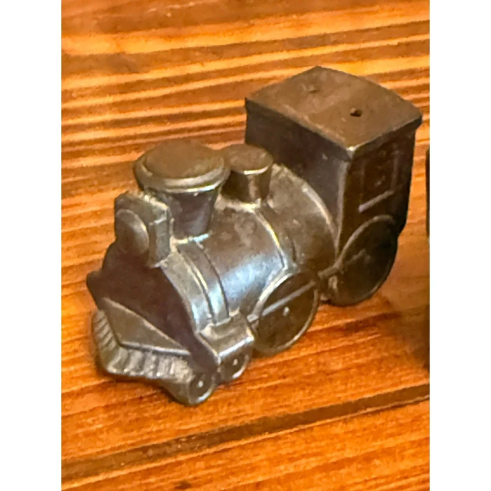 Vintage Train Salt and Pepper Shakers Metal Locomotive Tender Japan Silver Good